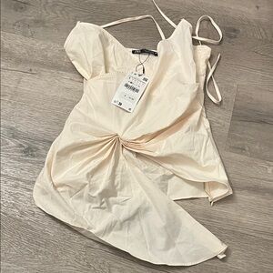 NWT Zara Asymmetrical Cream Top SZ S Spaghetti tie at neck w/swag front